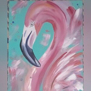 Original Acrylic Flamingo Art Painting in Pink and Teal